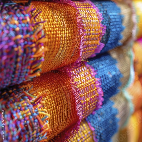 The fabric weaving technology and art, close-up of woven materials blending natural and synthetic fibers, demonstrating the fusion of tradition and innovation, intricate and vibrant.