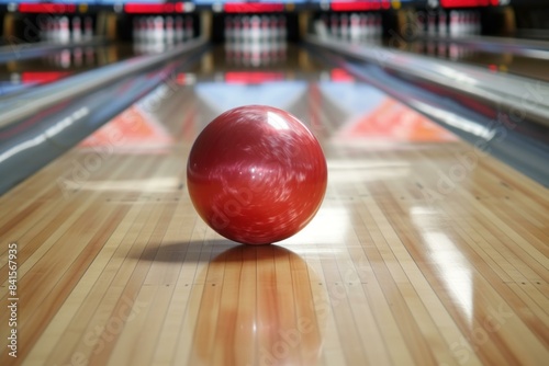 Close-up of a shiny red bowling ball on a glossy wooden lane, with bowling pins in the background