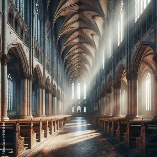 interior of old cathedral with sun rays
