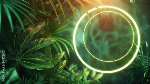 Neon green lightning circle on dark blurred tropical plant background AI generative showcase display advertising campaign