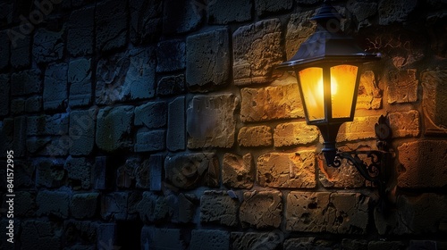 Medieval vintage street lamp illuminating a brick wall copyspace background at night