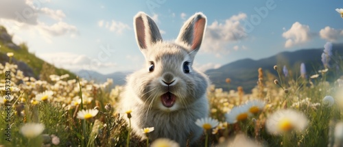 Adorable bunny in a sunny meadow with wildflowers, showcasing a beautiful rural landscape under a bright blue sky with fluffy clouds.