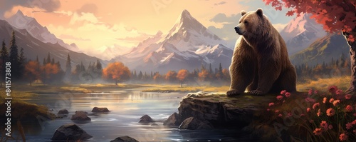 Majestic bear by a serene mountain lake at sunset, surrounded by autumn colors and dramatic snow-capped peaks.