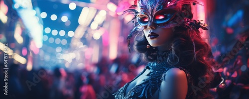Woman in ornate mask and costume at vibrant, colorful party or festival with lights and lively crowd in background.