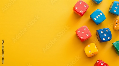 board game colorful set on yellow background with copy space