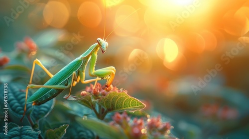 A back-lit green praying mantis perched on a plant with nature background 