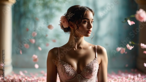 Hopeful and swirling Hispanic lingerie model in delicate pirouette wearing ballet inspired lingerie set