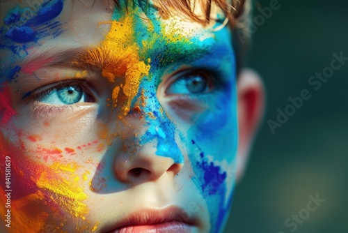 Portrait of a child with a vibrant splash of face paint, showcasing creativity and expression