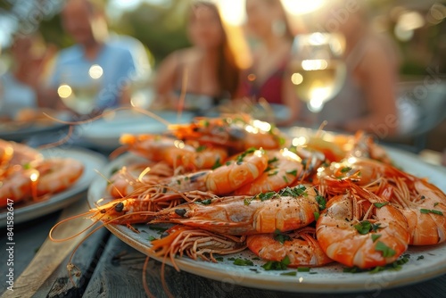 A plate of shrimp is on a table with a group of people