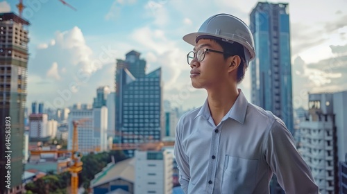Young Asian construction manager overseeing work at a high-rise building site