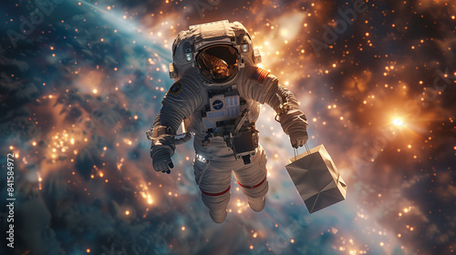 Deliveryman flying in space in astronaut costume.