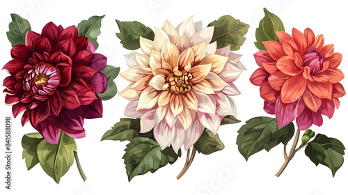 Clipart illustration of dreamy retro collages of flower dahlia petal plant on a white background, suitable for crafting and digital design projects.[A-0001]