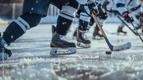 The men played the puck in ice hockey. Close-up