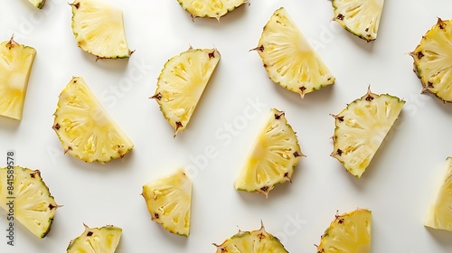 Freshly cut pineapple slices arranged artistically on a pristine white surface.