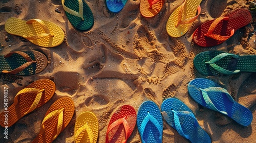 Summer Vibes: Colorful Flip Flops on Sandy Beach in Cinematic Documentary Style