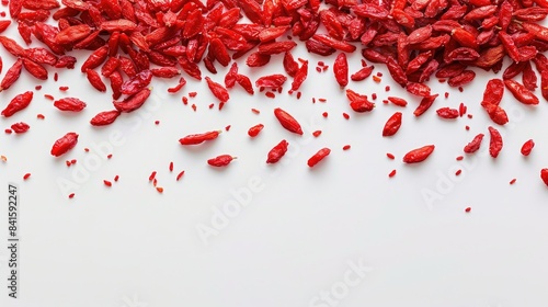 Top view of macro shot of dried Chinese wolfberries goji berries on white background