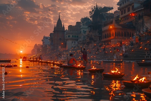 A large group of people are gathered on the banks of a river