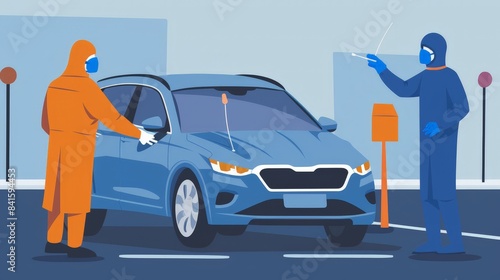 Illustrate a person getting a nasal swab test for COVID-19 at a drive-through testing site, depicting the widespread testing efforts.