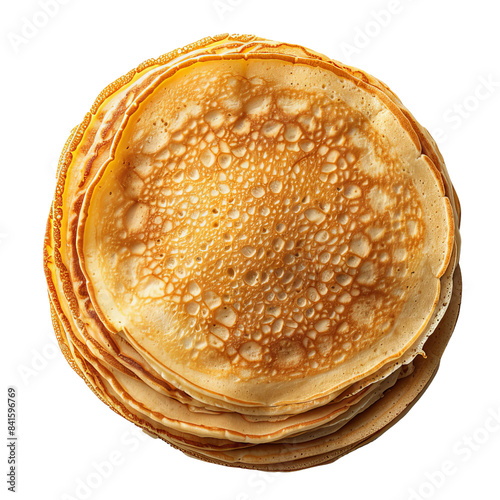 A stack of golden, fluffy pancakes isolated on a white background, showcasing their texture and delicious appeal.