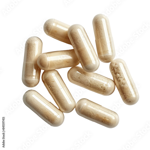 Close-up of herbal capsules isolated on a white background, perfect for supplement or health-related content.