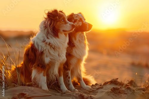 Australian Shepherd dogs in sunset light, beautiful animal portrait