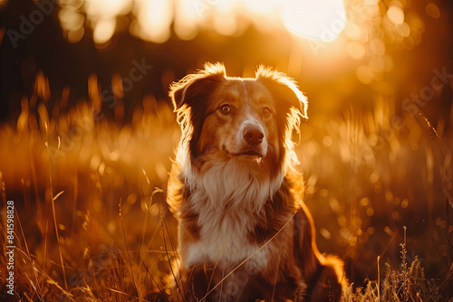 Australian Shepherd dogs in sunset light, beautiful animal portrait