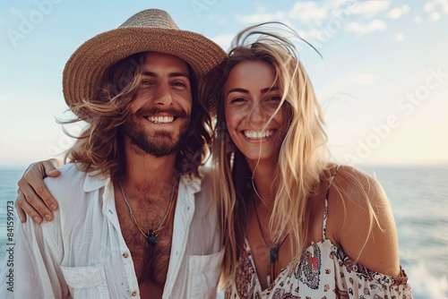 smiling beautiful young couple wearing boho style clothes enjoying their time together on the beach, cinematic style photography, summer