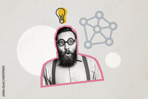 Composite photo collage of astonished bearded guy businessman find idea solution project light bulb isolated on painted background