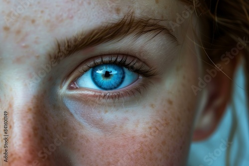 Detailed close-up of intense blue eye with vibrant iris. Freckles. And long eyelashes. Showcasing the texture and details of the human ocular feature