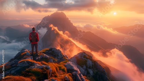 Hiker Overlooking Breathtaking Mountainous Valley at Sunrise Triumphant and Serene