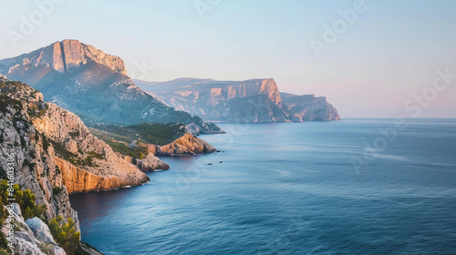 Scenic view of mountains and sea under clear sky at sunset