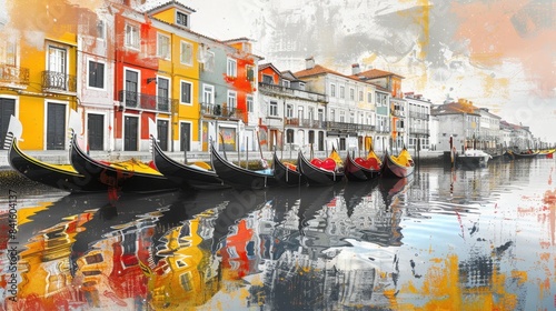 Contemporary Art Collage with Moliceiro Boats in Aveiro