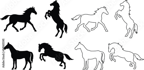 Set of flat Silhouette of galloping, jumping running, trotting, rearing horses. Prancing stallion pricked up its ears designs elements editable stock for equestrian goods on transparent background.