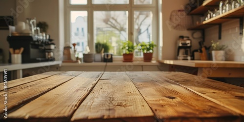 Wooden countertop in the kitchen, positioned by a window that overlooks the surrounding space.