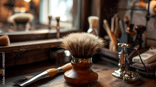 A shaving brush sits on a towel next to a candle and a bottle of shaving cream