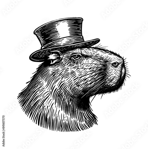 capybara, wears retro top hat engraving black and white outline