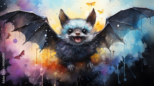 Watercolor illustration of a cheerful bat with rainbow wings, set against a solid background