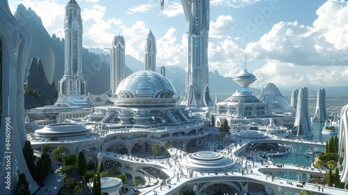 A futuristic city with advanced technology and towering buildings. 