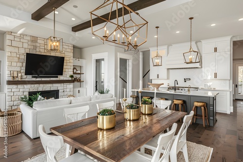 White kitchen and dining area in a luxury home, white cabinets with dark accent details, a rustic wood table has gold vases on top, an open layout leads into the living room
