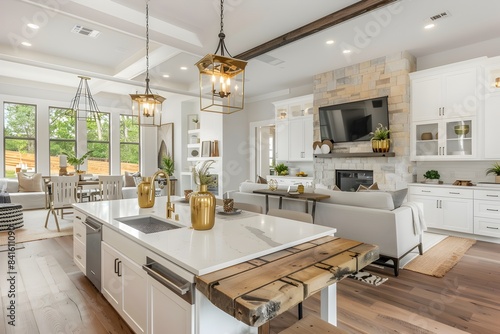 White kitchen and dining area in a luxury home, white cabinets with dark accent details, a rustic wood table has gold vases on top, an open layout leads into the living room