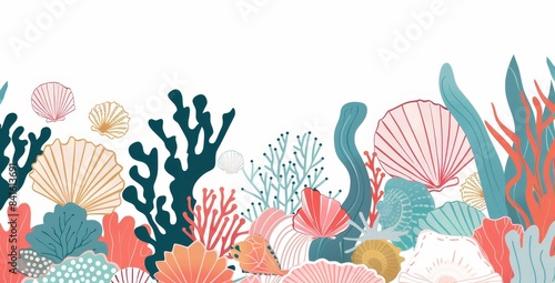 Underwater life concept with exotic coral reef seamless cover banner. Flat graphic design element.