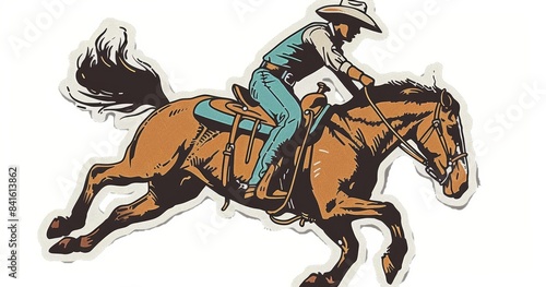 Using a bucking bronco, a cowboy rides a vintage retro cartoon.