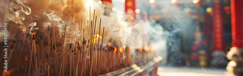 Temple interior with incense burners and curling smoke illuminated by soft light in background