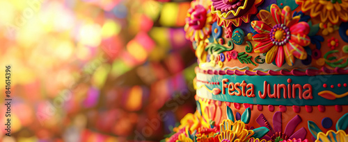 Colorful decorative cake for Festa Junina with flowers and text. Brazilian cultural celebration concept. Design for poster, invitation, and greeting card. Closeup view.
