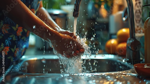Close up view of a woman washing hands in kitchen batching