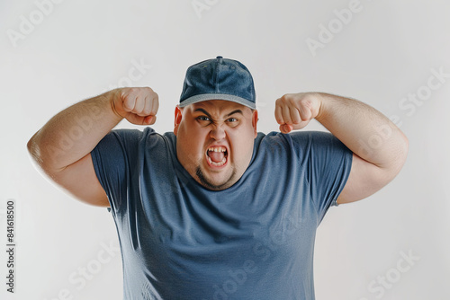 Funny overweight sportsman flexing muscles isolated on white