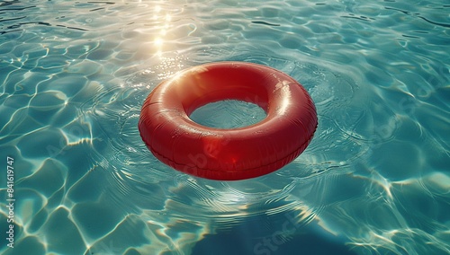 A red pool float ring is floating on the edge of the swimming pool