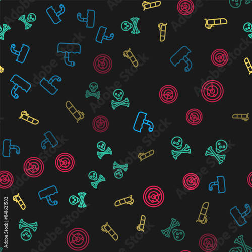 Set line Periscope, Skull on crossbones, Inflatable boat with motor and Radar targets on seamless pattern. Vector
