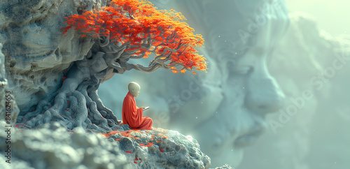 A little young monk under a red tree in the mountain. Concept of meditation, buddhist religion, contemplation of the peaceful and spiritual nature. Dreamy zen illustration 