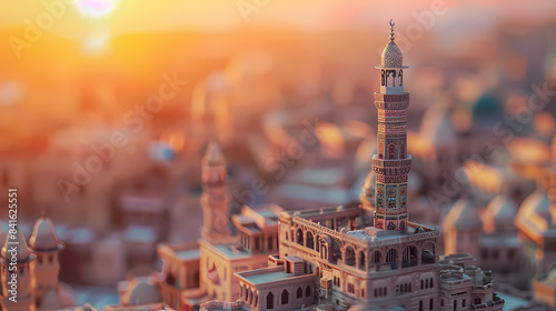 A cityscape with a large blue dome on top of a building, miniature model, tilt-shift view